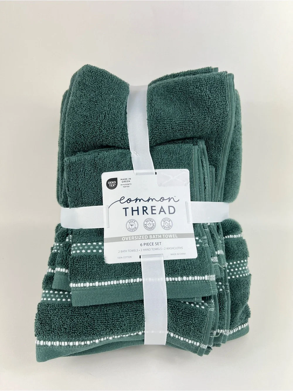 Common Thread Bath Towel Set Green White Quick Dry Low Twist Cotton 6 Pc NEW